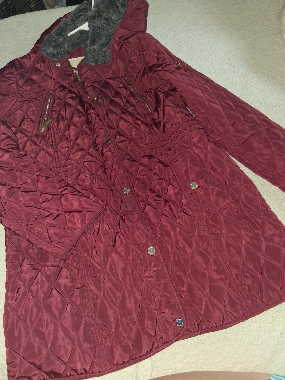 Michael Kors Quilted Hooded Long Puffer Jacket in Wine